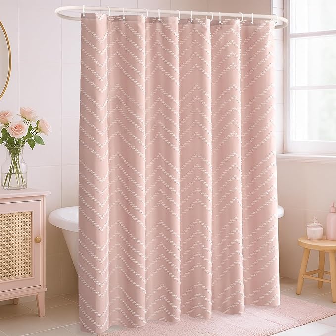 Extra Long Blush Pink Boho Shower Curtain Cute Shower Curtain Textured Tufted Chevron Striped Minimalist 72 x 96 Bathroom Shower Curtains