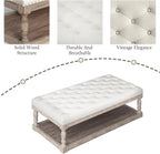 Ottoman Coffee Table, Large Rectangle Ottoman with Storage - Upholstered Cushioned Bench for Living Room, Tufted Linen Fabric with Solid Wood Shelf, Entryway Bench (Beige)