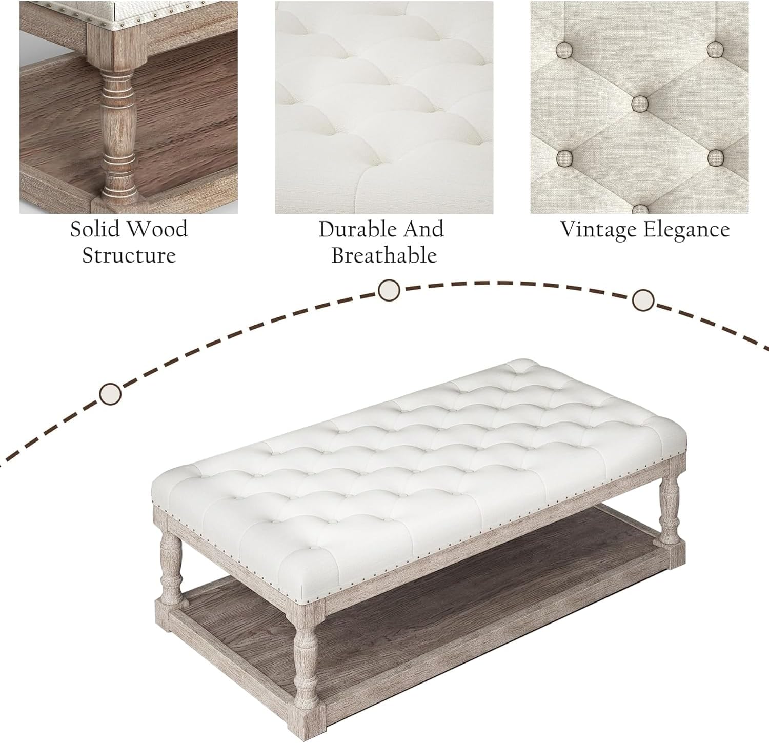 Ottoman Coffee Table, Large Rectangle Ottoman with Storage - Upholstered Cushioned Bench for Living Room, Tufted Linen Fabric with Solid Wood Shelf, Entryway Bench (Beige)