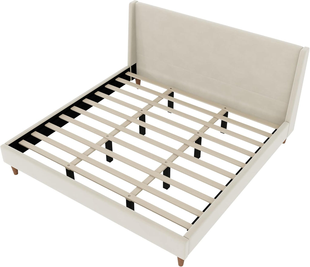 Merax King Size Velvet Bed Frame with Wingback Headboard, Upholstered Platform Bedframe with Solid Wooden Leg, Wood Slats for Bedroom, No Box Spring Needed, Easy Assembly, Modern Luxury Style, Beige