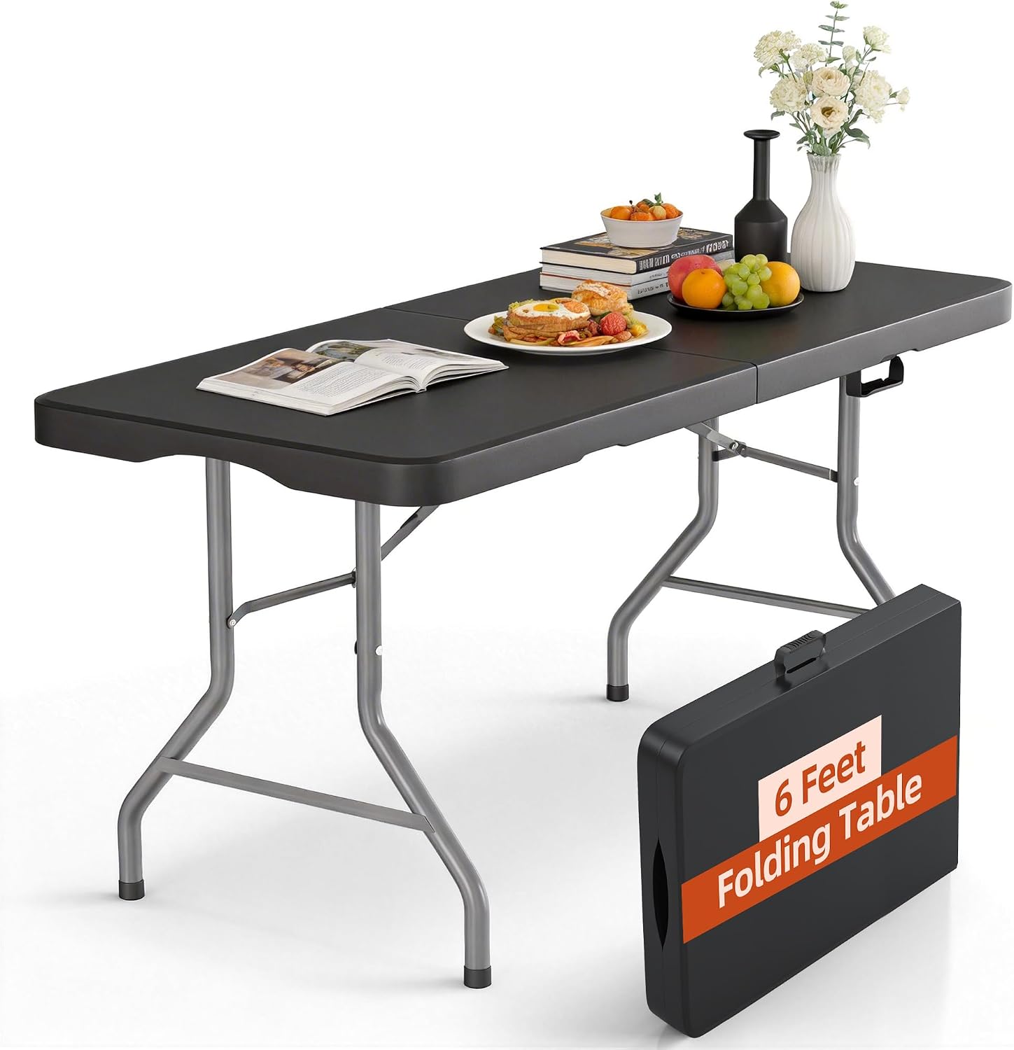 6ft Folding Table Heavy Duty 350 LBS Capacity Foldable Table with 18% Thicker HDPE Waterproof Top & Reinforced Steel Frame, Portable Fold-in-Half Table for Outdoor Indoor Party Wedding Camping
