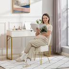 Vanity Chair with Storage | Comfy Ottoman with Folding Back | Faux Fur Vanity Stool with 4 Metal Legs for Make Up | Furry Padded Seat with Anti-Slip Feet for Bedroom Dressing Room | White