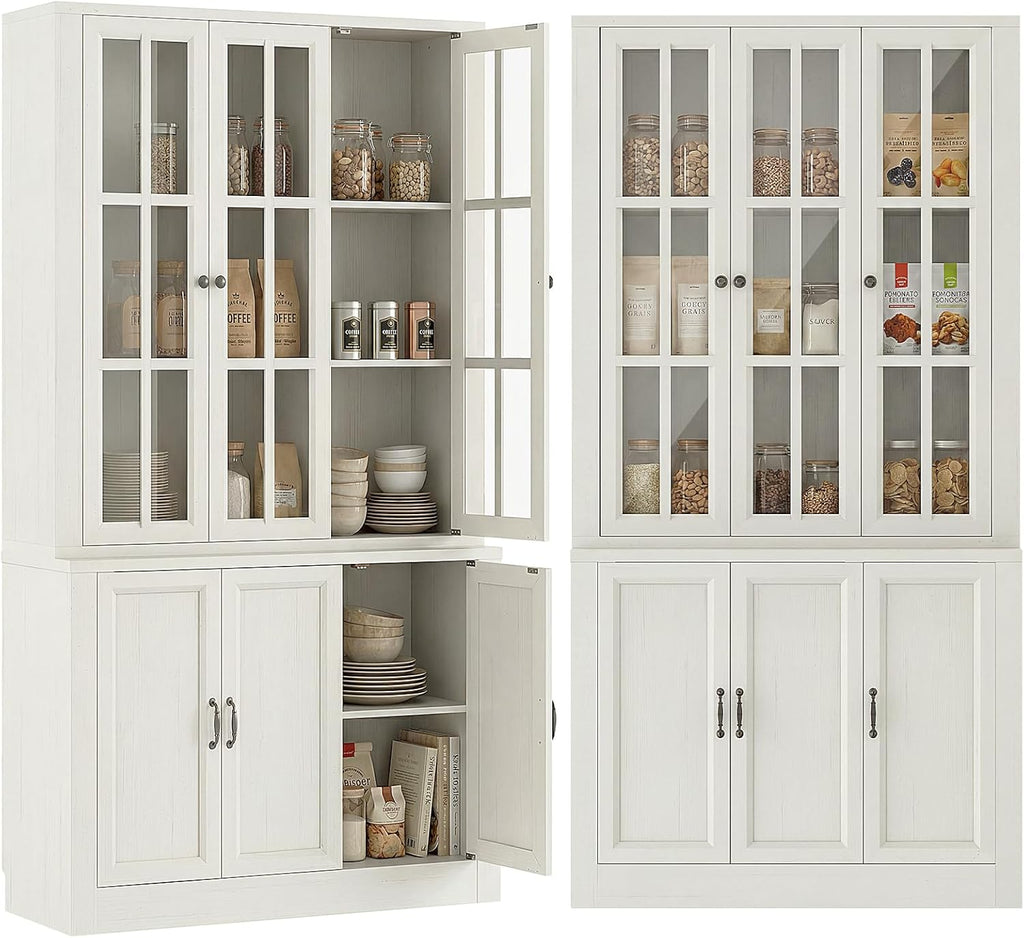 80" Modular Kitchen Pantry Cabinet, 2-in-1 Freestanding Tall Pantry Cabinet with Glass Doors & Adjustable Shelves, Large Hutch Storage Cabinet for Kitchen & Living Room (2, White, 6 Doors)