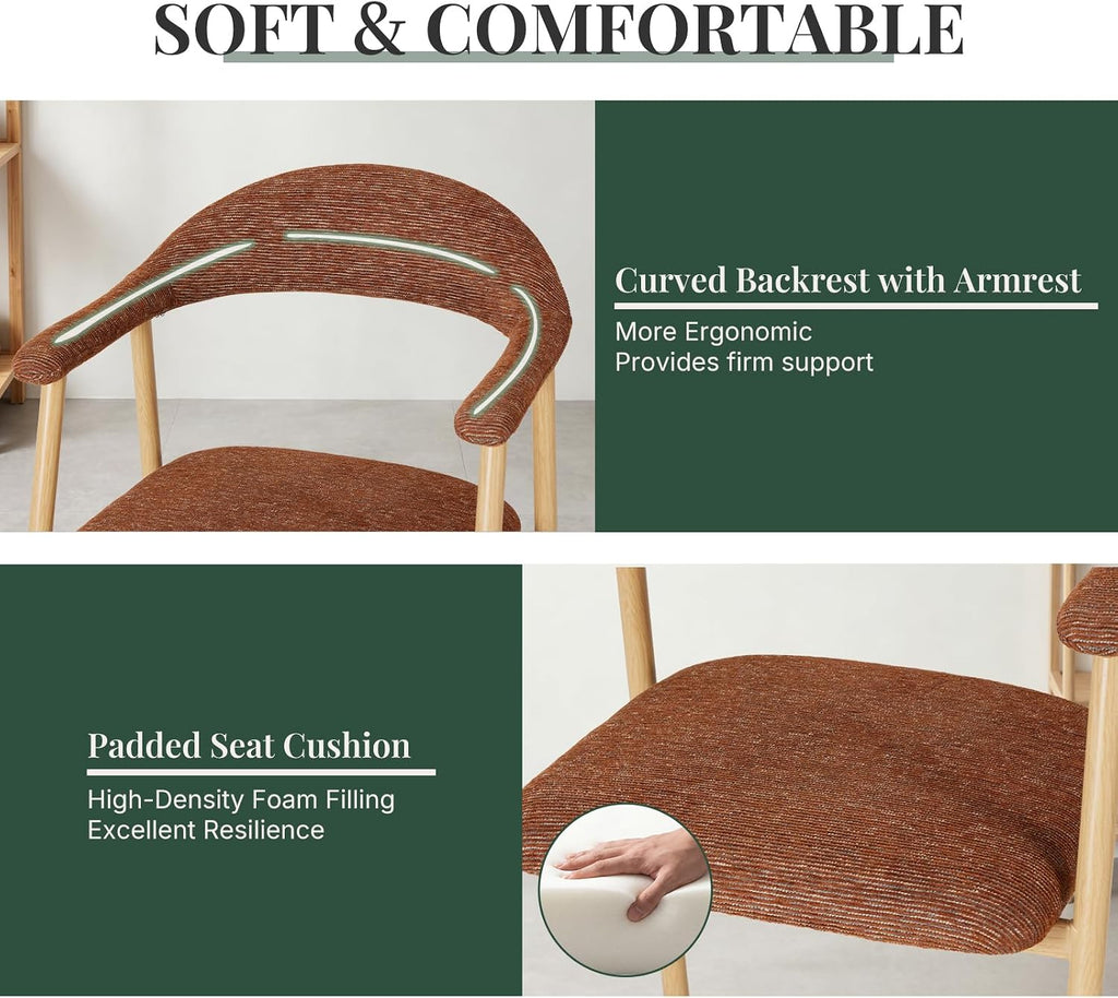 Dining Chairs Set of 4, Fabric Kitchen Side Chair for Living Room | Modern, Upholstered, Ergonomic Curved Backrest, Armrest, Metal Wood Grain Legs, Comfy, Orange