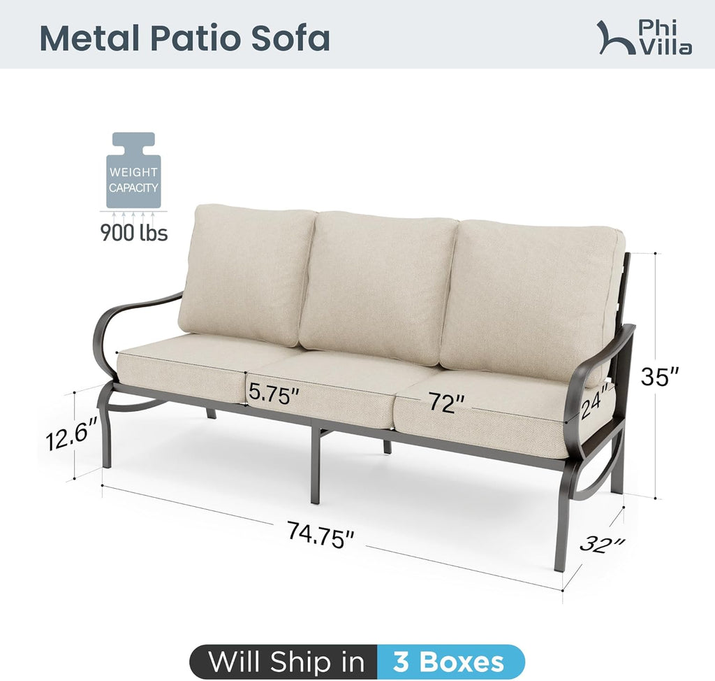 PHI VILLA Metal Patio Sofa with 5.75" Extra-Thick Waterproof Cushion, 3 Seater Deep Seat & High Back Outdoor Couch, All Weather Porch Furniture for Deck Backyard Front Porch Apartment,Beige