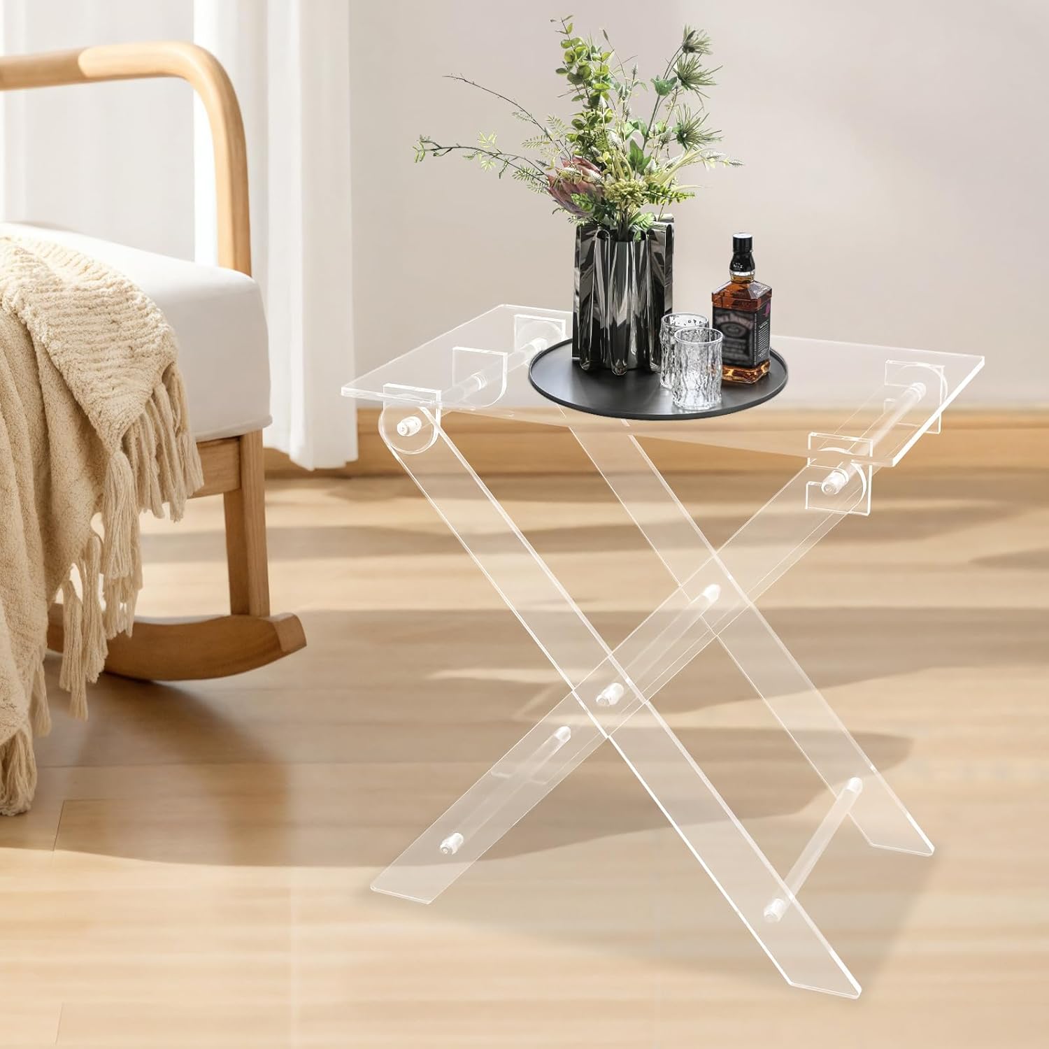 Acrylic Side Table, Folding Tv Tray Table Freestanding Foldable Tv Tray Table Clear Acrylic End Table Serving Table Snack Eating Tables Easy Assembly for Living Room, Bed Room