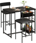 3-Piece Small Bar Table and Chairs Set for 2,Small Dining Table with 2 PU Cushioned Stools,3 Storage Shelves, Space Saving Kitchen Table Set for Breakfast Nook, Apartment, Bistro,Black.