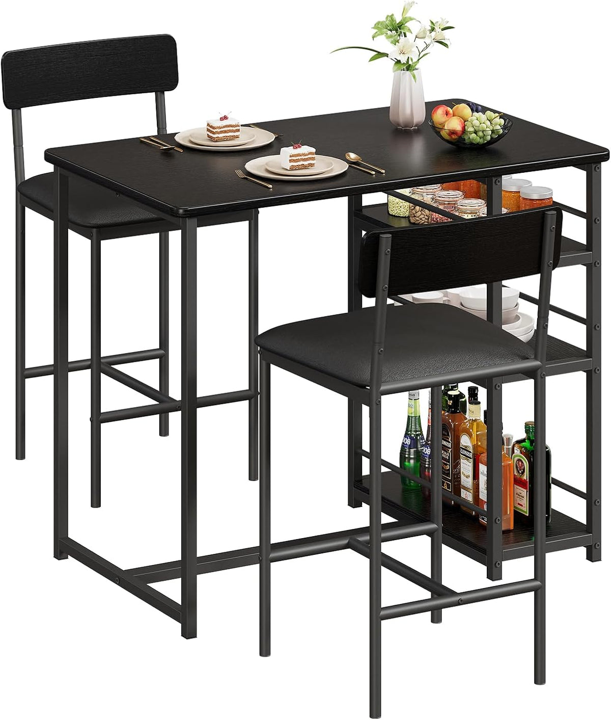 3-Piece Small Bar Table and Chairs Set for 2,Small Dining Table with 2 PU Cushioned Stools,3 Storage Shelves, Space Saving Kitchen Table Set for Breakfast Nook, Apartment, Bistro,Black.