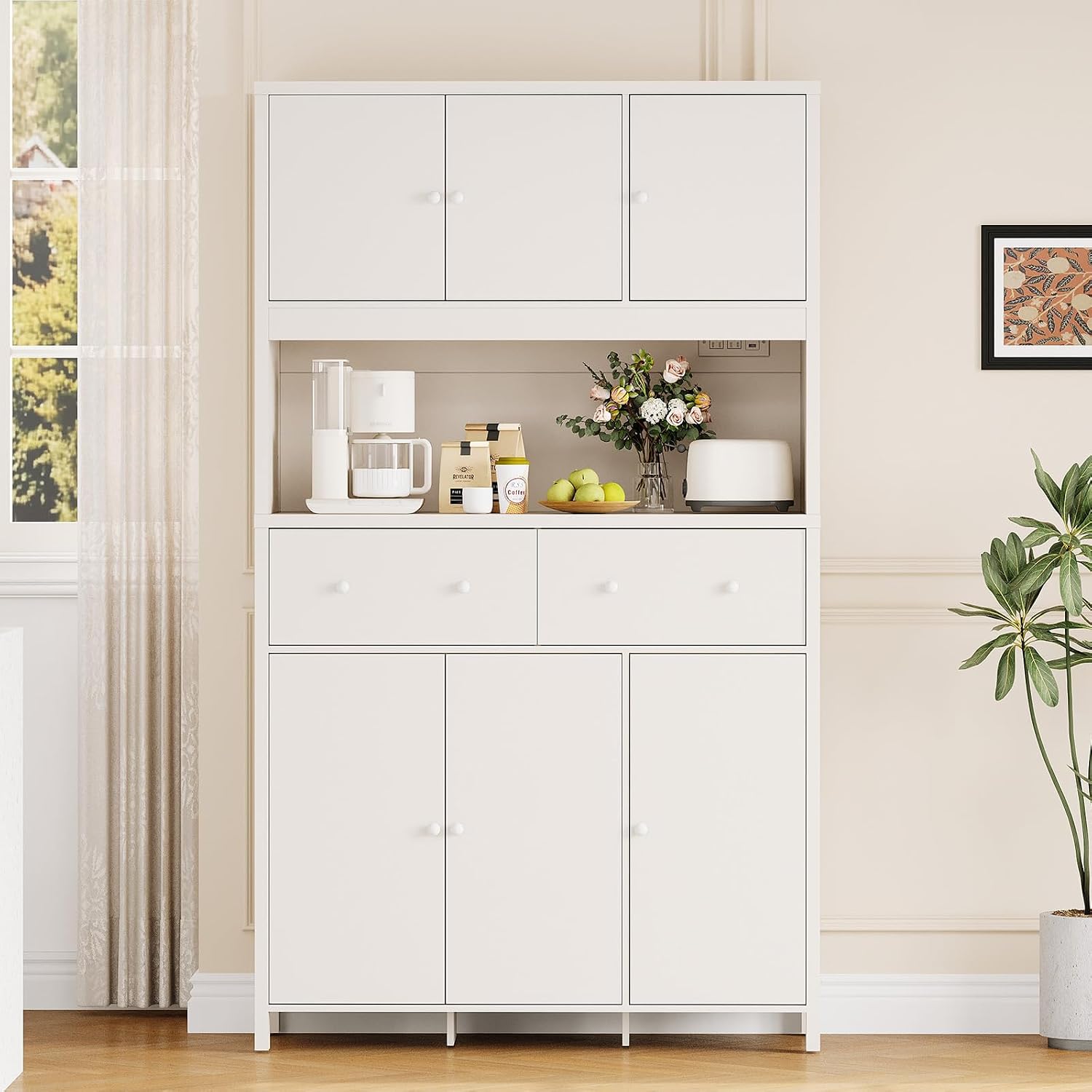 Garvee 71" H Pantry Cabinet with Charging Station, Tall Kitchen Pantry Storage Cabinet with Countertop, Modern Kitchen Hutch with Storage Drawers for Living Room, Dining Room, White