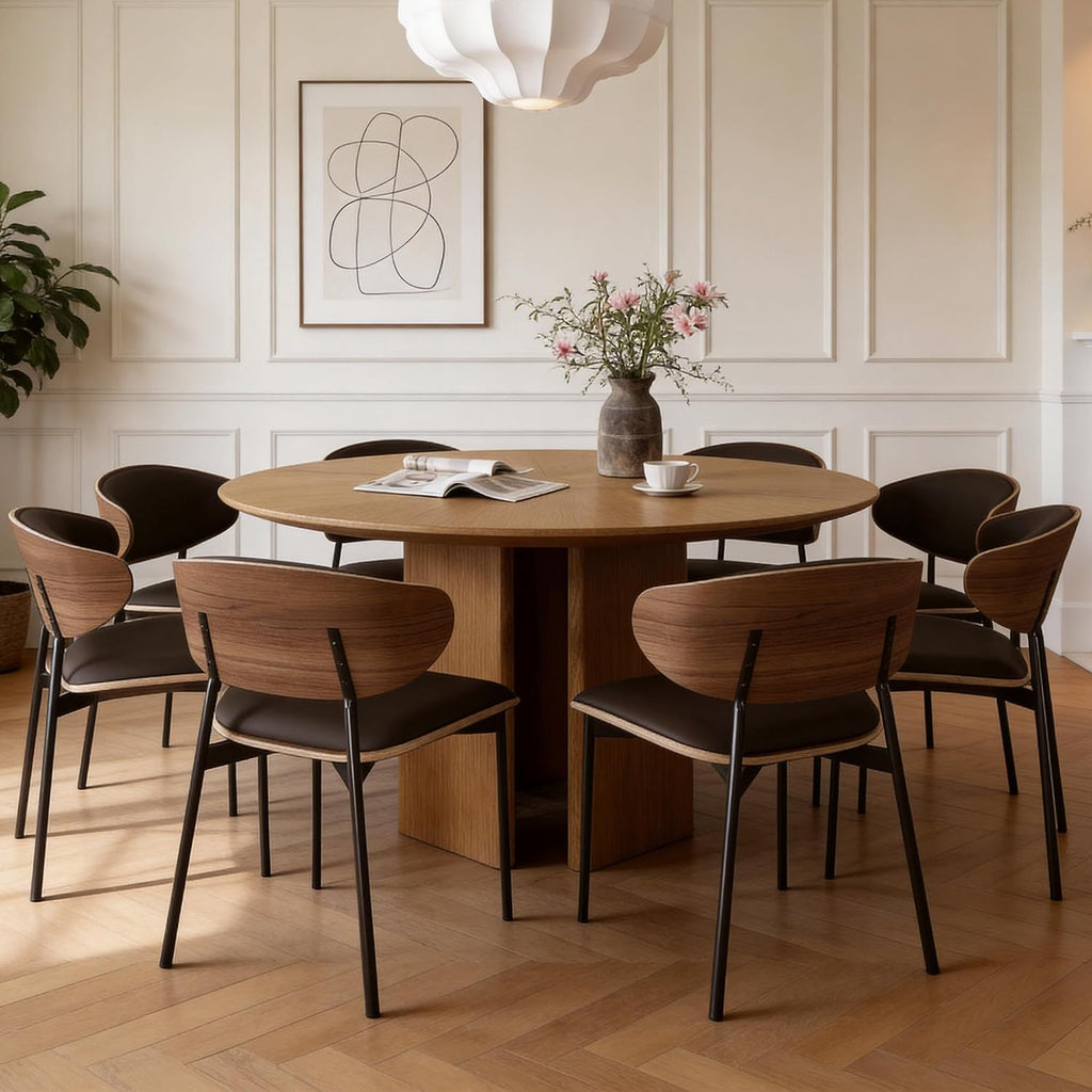 59" Round Wood Dining Table – Mid-Century Modern Kitchen Table with Pedestal Base for 4–8 People, Perfect for Living Room, Dining Room & Kitchen, Walnut Finish