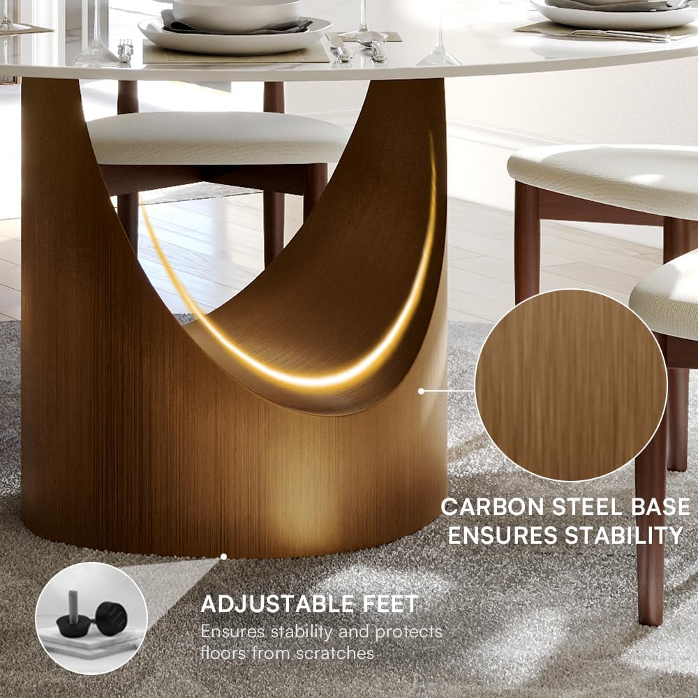 POVISON 59" Round Dining Table for 6, Glossy White Sintered Stone Tabletop | Sintered Stone Dining Tabletop, Carbon Steel Base, Mid Century Kitchen Table for Dining Room, Luxury Dining Table（Table only）