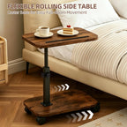 Adjustable TV Tray Side Table 360°Swivel Rolling, Rustic Brown | Adjustable Height, C Shaped, Snack End Table, Wheels, Tablet Slot, Slide Under Sofa, For Small Spaces Living Room Couch Bed