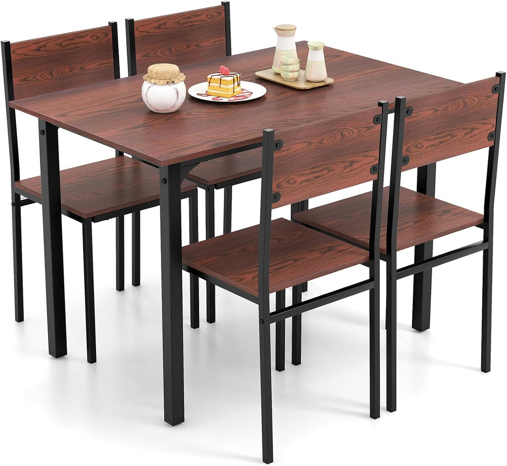 Giantex Dining Table Set for 4, 5-Piece Modern Kitchen Table and Chairs with Metal Frame & Adjustable Foot Pads, Space Saving Wood Dinette Set for Small Space, Breakfast Nook, Apartment (Walnut)