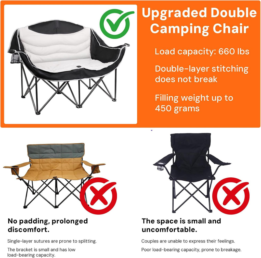 Double Camping Chair 2 Person Oversized Heavy Duty Padded Outdoor Folding Loveseat with Dual Cup Holders for Lawn Beach