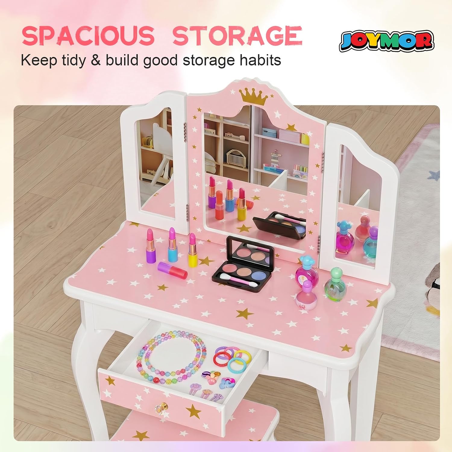 JOYMOR Kids Princess Vanity Table and Chair Set, Kids Vanity Set with Mirror, Makeup Dressing Table with Two 180° Folding Mirror for Girls Age 4-9