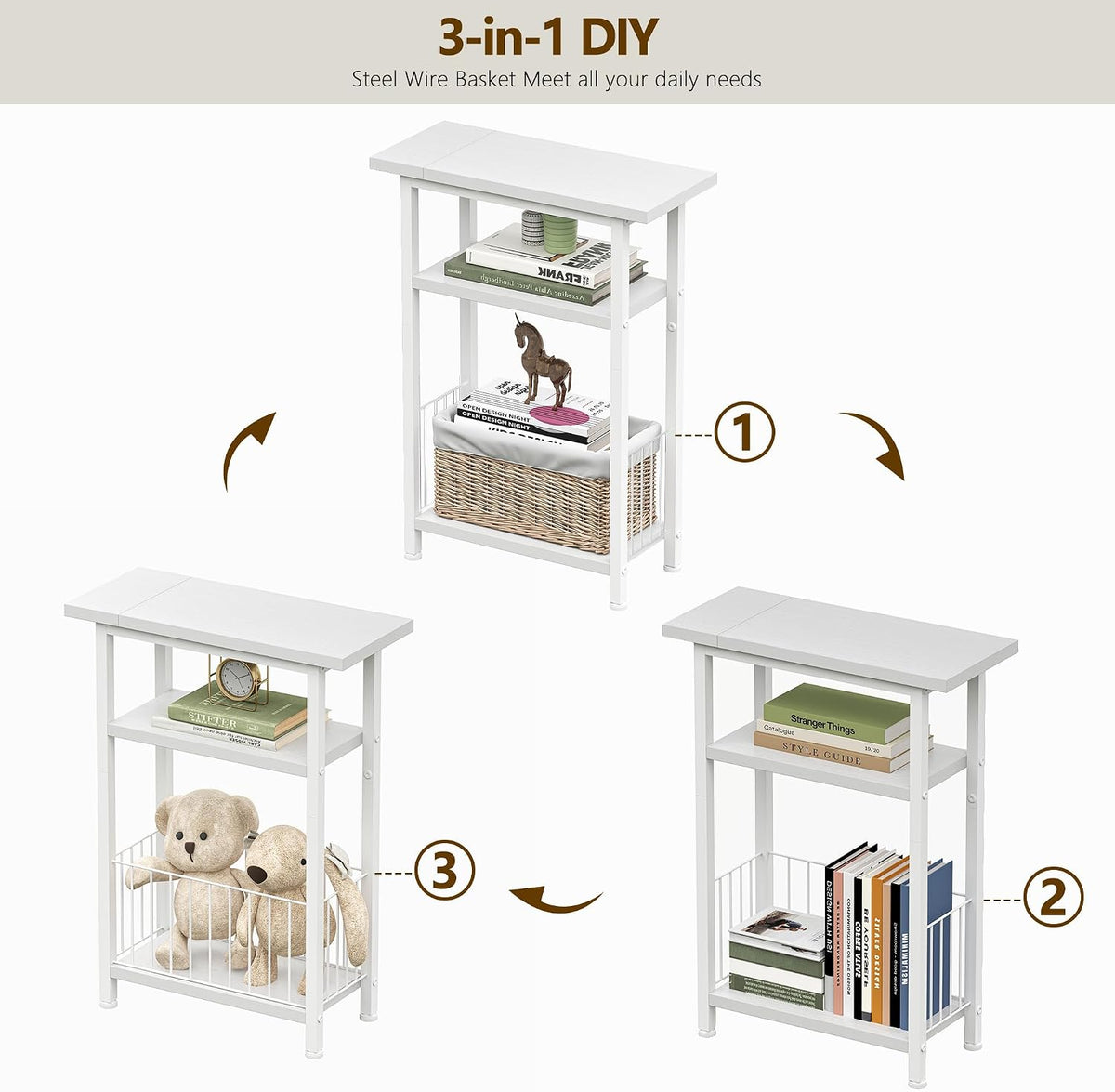 Heybly Small Narrow Side Table for Small Space, Thin Bedside Table with Storage Basket, Skinny End Table, 25.2" Tall Nightstand, Couch Table for Living Room, Bedroom, Study, Kitchen, White, HET004WT1