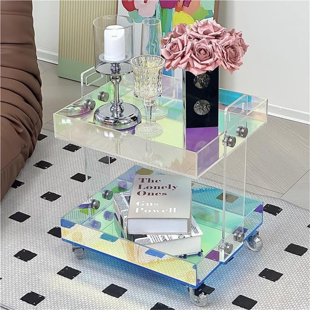 Acrylic End Table with Wheels, 2/3 Tiers Acrylic Bar Cart, Rolling Utility Cart with Handle, Colorful Clear Side Table for Drink, Food, Snack Used in Living Room, Bedroom, Study(16.4''x13.4''x18.9'')