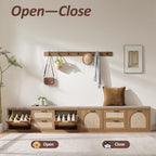 Rattan Narrow Entryway Bench with Shoe Storage, 4 Drawers & Coat Rack, Mid-Century Modern Wood Shoe Cabinet with Seat Cushion for Foyer/Hallway (Rustic Oak Rattan)