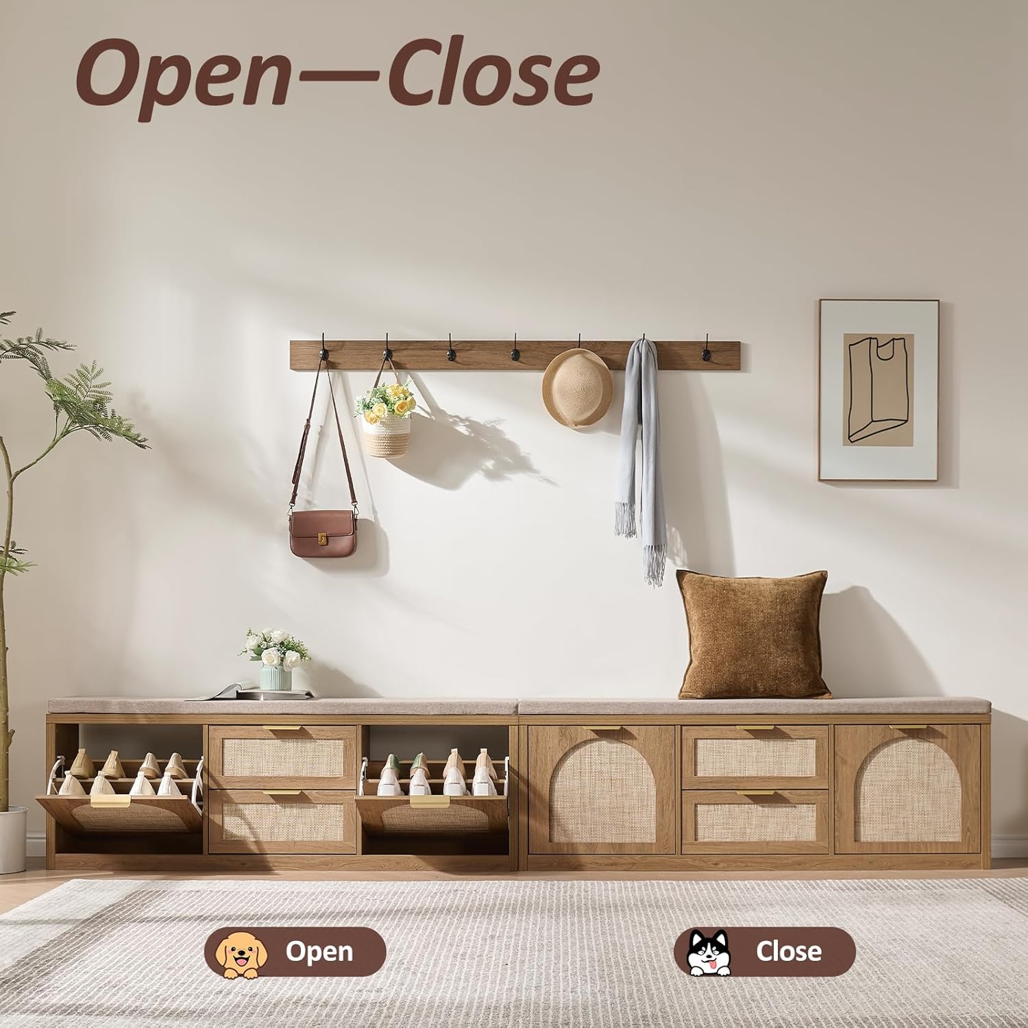 Rattan Narrow Entryway Bench with Shoe Storage, 4 Drawers & Coat Rack, Mid-Century Modern Wood Shoe Cabinet with Seat Cushion for Foyer/Hallway (Rustic Oak Rattan)