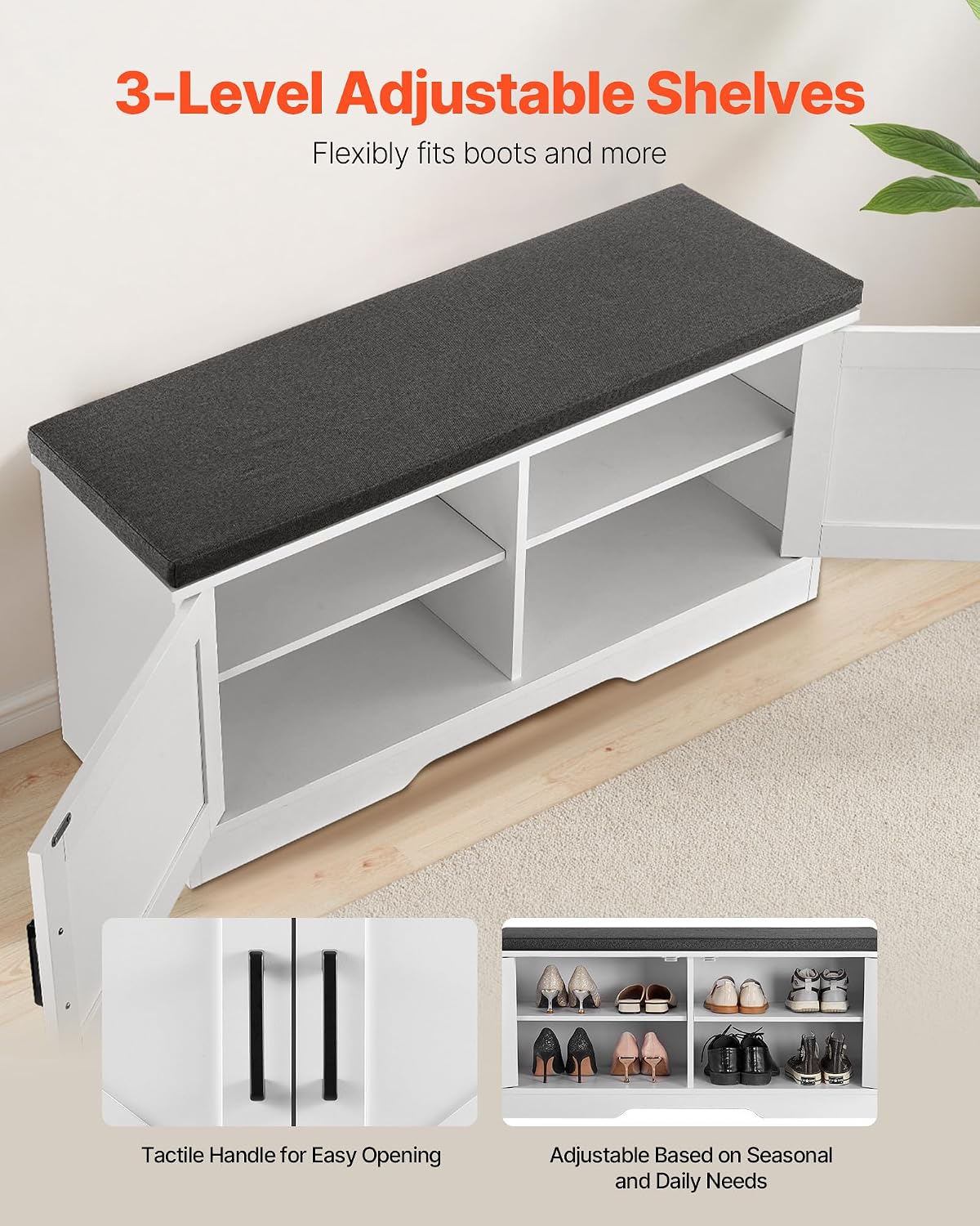 VEVOR Shoe Storage Bench with Padded Cushion & 2 Barn Doors, Entryway Bench 39.4 x 14.0 x 18.1 Inches, for Entryway, Hallway, Living Room, Bedroom