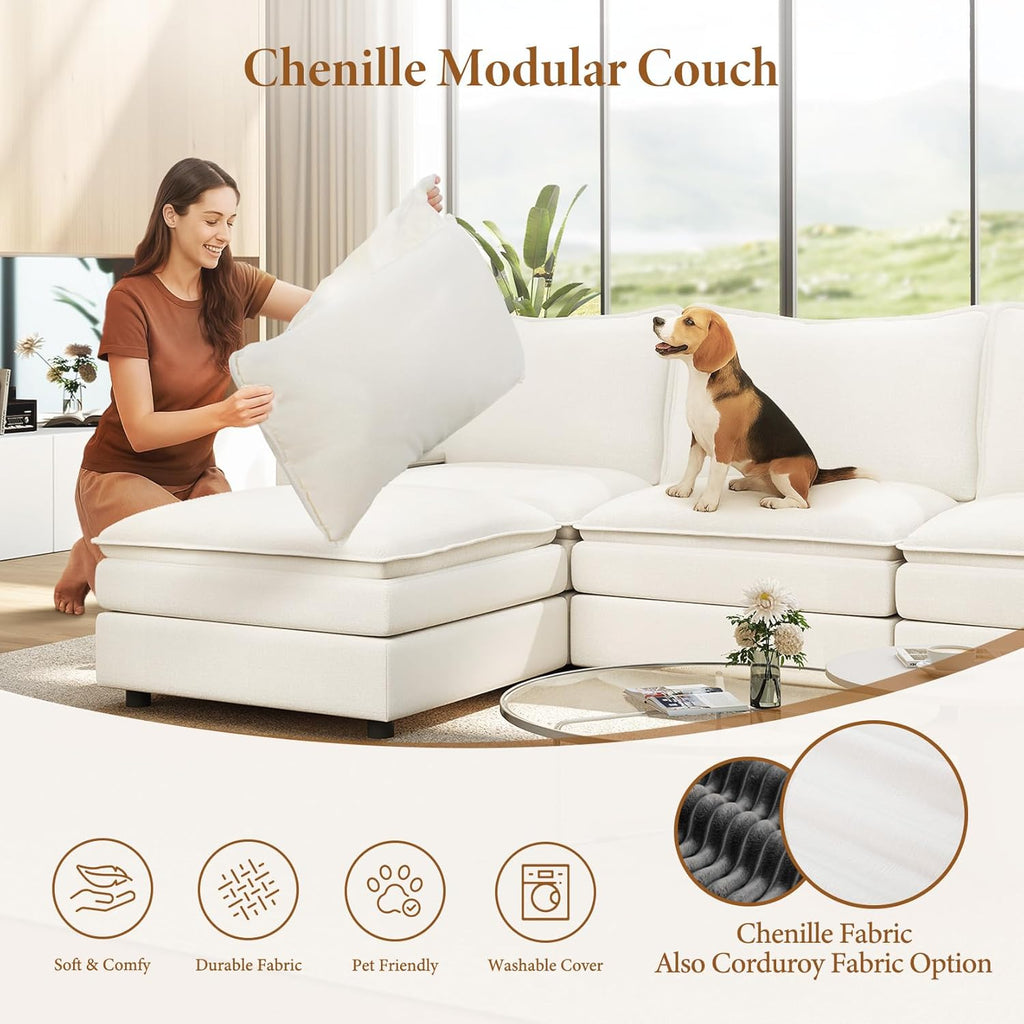 Vesgantti 108" Modular Sectional Sofa, Comfy Cloud Couch with Movable Ottoman Deep Seat Chenille L Shaped Modular Sofa, Sectional Couches for Living Room, Bedroom and Apartment, Snow White