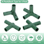 16 Pcs 19mm Greenhouse Frame Building Connectors, 4 Types Pipe Fitting for Grape Trellis/Sunscreen Shed/Gardening Plant Stakes, Greenhouse Accessories [Green]