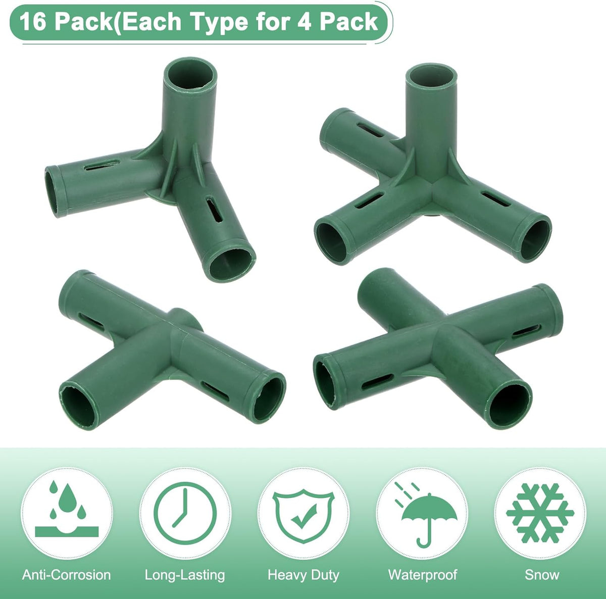 16 Pcs 19mm Greenhouse Frame Building Connectors, 4 Types Pipe Fitting for Grape Trellis/Sunscreen Shed/Gardening Plant Stakes, Greenhouse Accessories [Green]