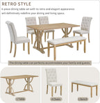 Merax 6-Piece Solid Wood Dining Table Set for 6, Solid Wood Rectangular Kitchen Table Set with 4 Upholstered Chairs and 1 Bench, Dining Room, Kitchen, Natural Wood Wash