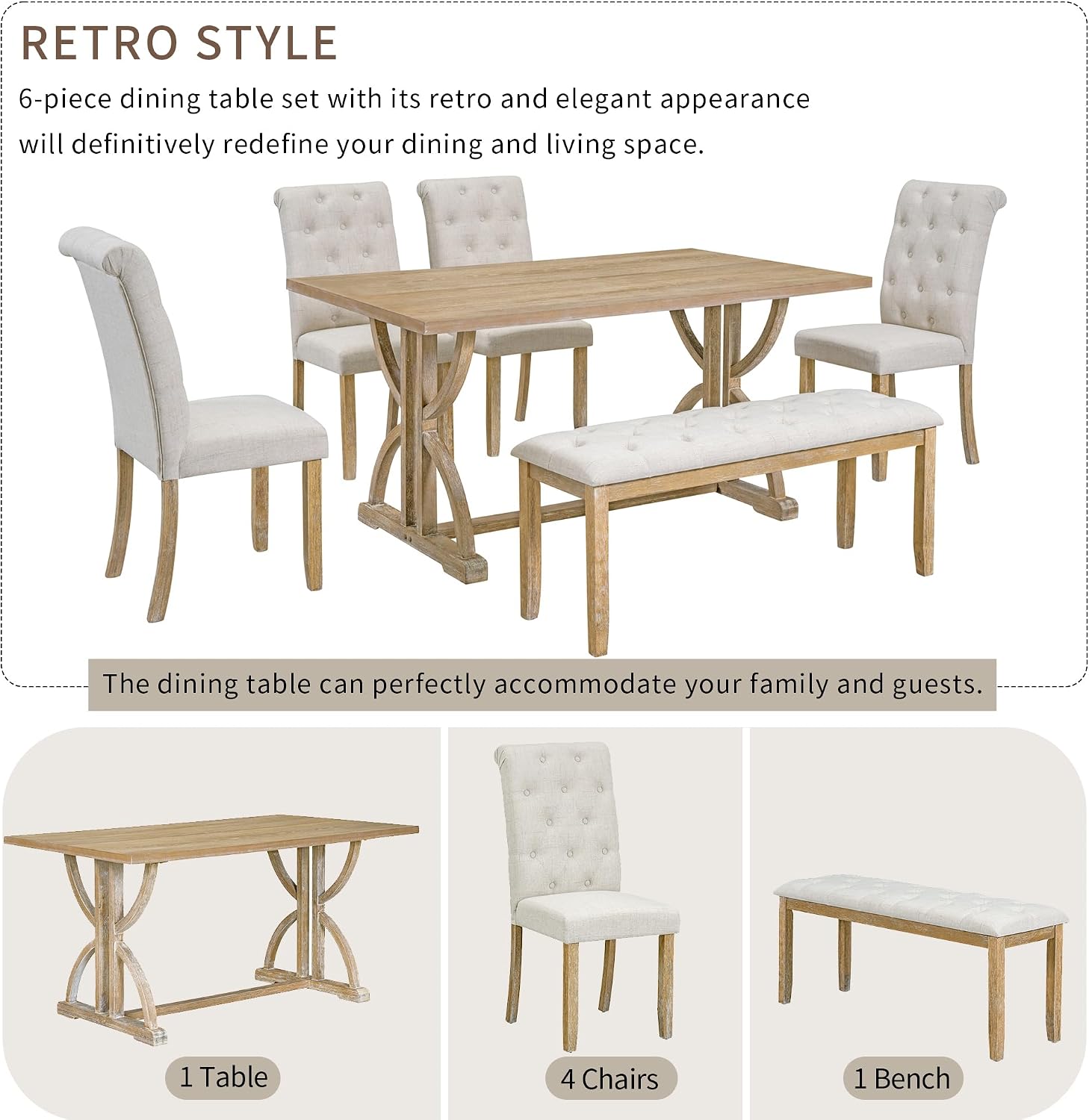 Merax 6-Piece Solid Wood Dining Table Set for 6, Solid Wood Rectangular Kitchen Table Set with 4 Upholstered Chairs and 1 Bench, Dining Room, Kitchen, Natural Wood Wash