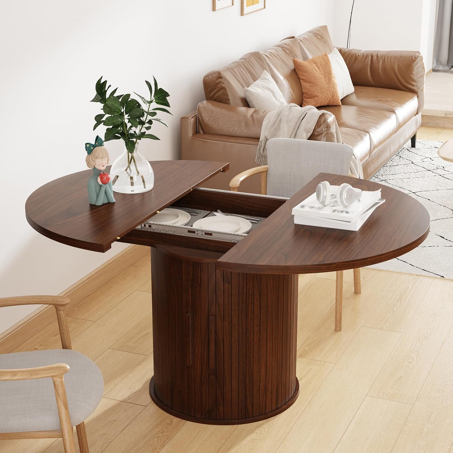 Expandable Dining Table,Round Wooden Kitchen Table,Double Layered Storage Space with Partitions,Equipped with Circular Sliding Doors, Suitable for Kitchen (Expandable Dining table-Walnut-02)