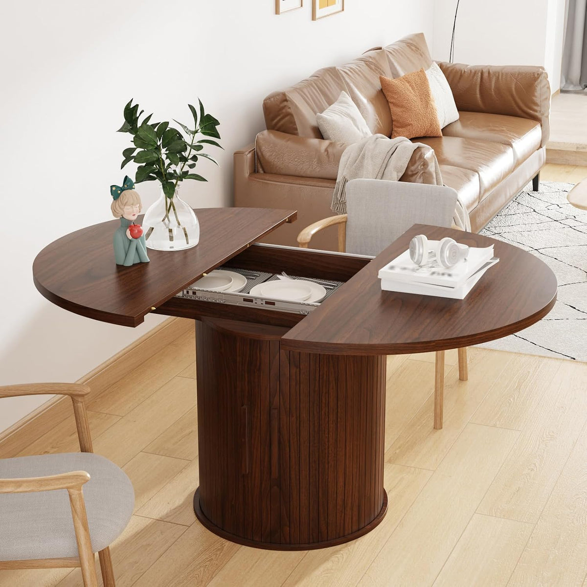 43"-59" Extendable Dining Room Table for 4-8, Round Expandable Kitchen Table with Fluted Sliding Door Cabinet, Modern Farmhouse Oval Dinner Tables for Dining Room Kitchen Living Room,Walnut