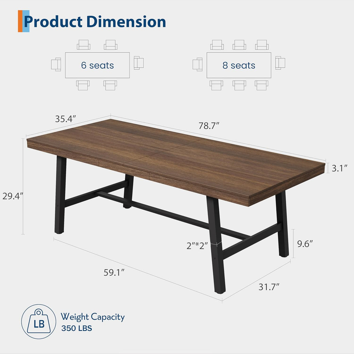 Garvee Industrial Dining Table for 6-8, 78.74" Extra Long Rectangular Kitchen Table with 2"×2" Metal Legs & Wood Top, Large Dining Table for Dining Room, Home Office, Brown