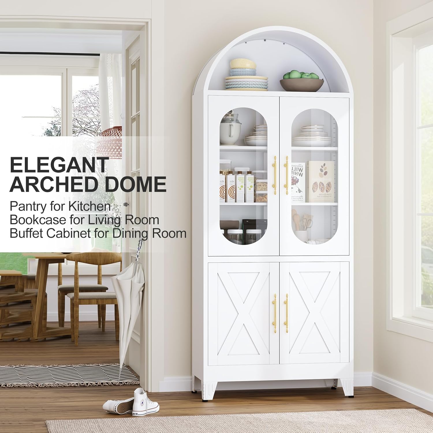 erosoei 73" H Metal Tall Arched Kitchen Pantry Cabinet, Modern Farmhouse China Storage Cabinets with Glass Door and Adjustable Shelves, Versatile Cupboard for Kitchen, Dining Room, Bathroom (White)