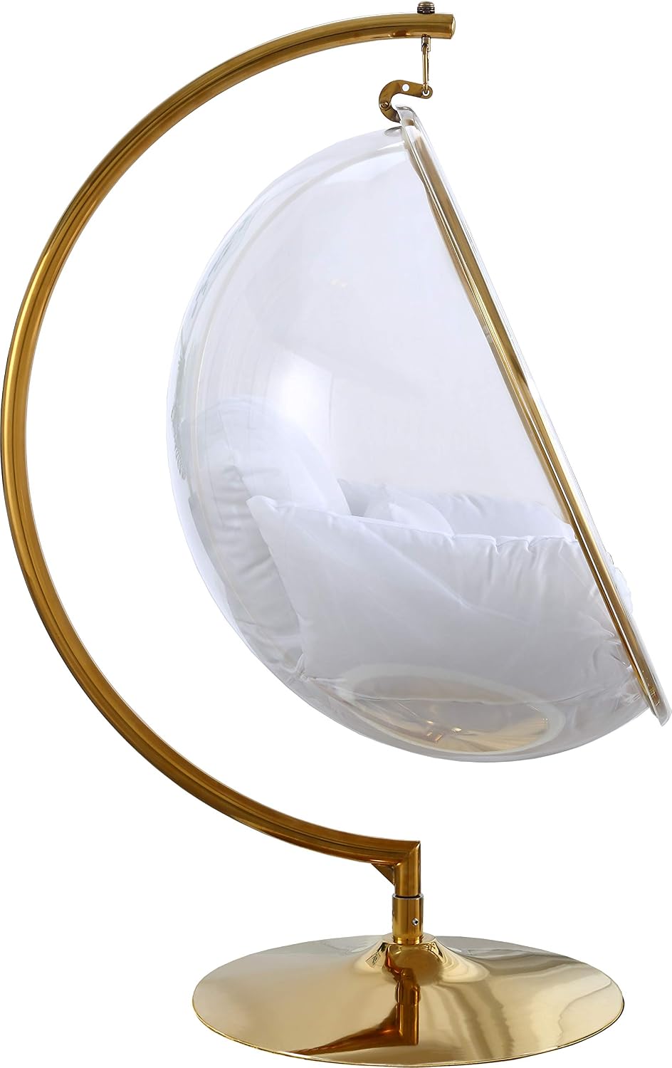 Meridian Furniture Luna Collection Modern | Contemporary Clear Acrylic Accent Swing Chair with Gold Metal Base and Durable Fabric Seat, 41.5" W x 29.5" D x 64" H, White