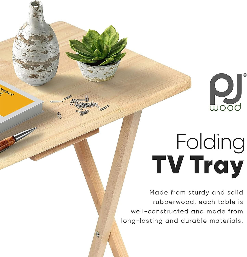 PJ Wood - Folding TV Tray Tables - Solid Wood, 10-Piece Set | Rectangular Design, 14.57 x 19.09 x 26 in, Natural Finish, Rustic Style, Compact Storage, For Couch Dining Or Work