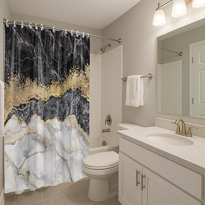 Modern Marble Shower Curtain, 72" W x 72" L, Waterproof Polyester Fabric Shower Curtain for Bathroom with Hooks, Housewarming Gift Ideas for New Home