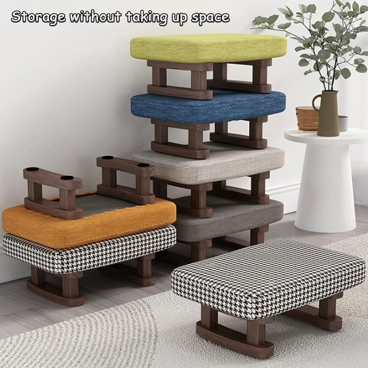 7-Inch High Stool, Small Linen Footstool, Solid Wood Frame, Entryway Shoe Bench, with Padded Footrest, Suitable for Living Room, Entryway, and Bedroom Natural Legs Orange