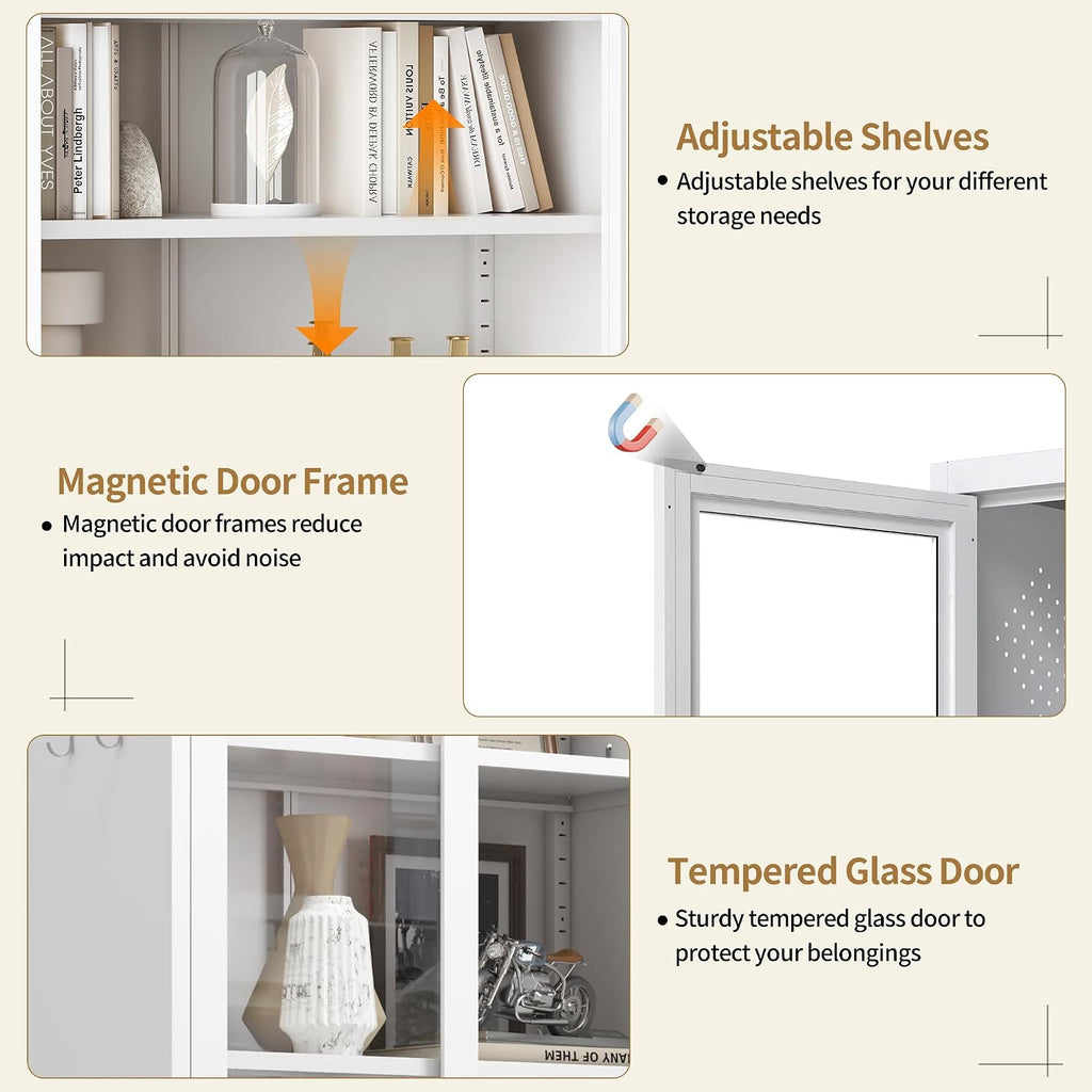 Kitchen Pantry Cabinet, 72" H Storage Cabinet with Glass Doors and Adjustable Shelves, Spacious Cupboard with Round Handles, Metal Kitchen Cabinet for Dining Room, Living Room, White