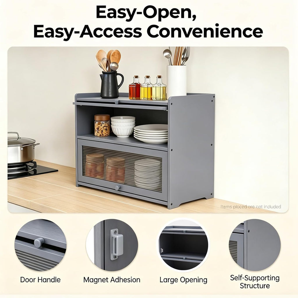 Countertop Kitchen Pantry Cabinet, 20.5x9.8x19.7in Dual-Layer Storage Cabinet for Kitchen Counter, Bamboo Storage Bin with Acrylic Door Panel, Elevated Fence, Translucent Hovering Cabinet Door (Grey)