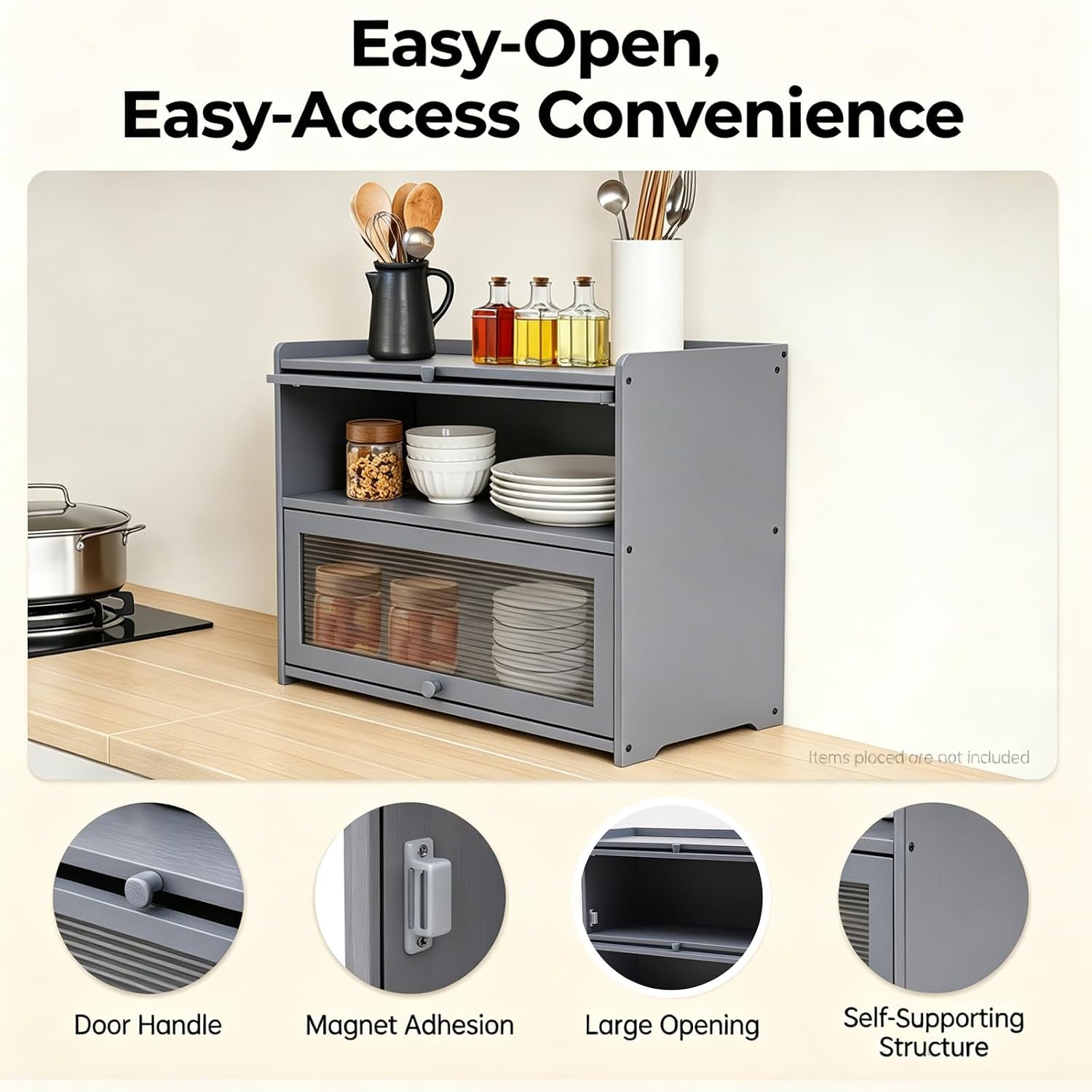 Countertop Kitchen Pantry Cabinet, 20.5x9.8x19.7in Dual-Layer Storage Cabinet for Kitchen Counter, Bamboo Storage Bin with Acrylic Door Panel, Elevated Fence, Translucent Hovering Cabinet Door (Grey)
