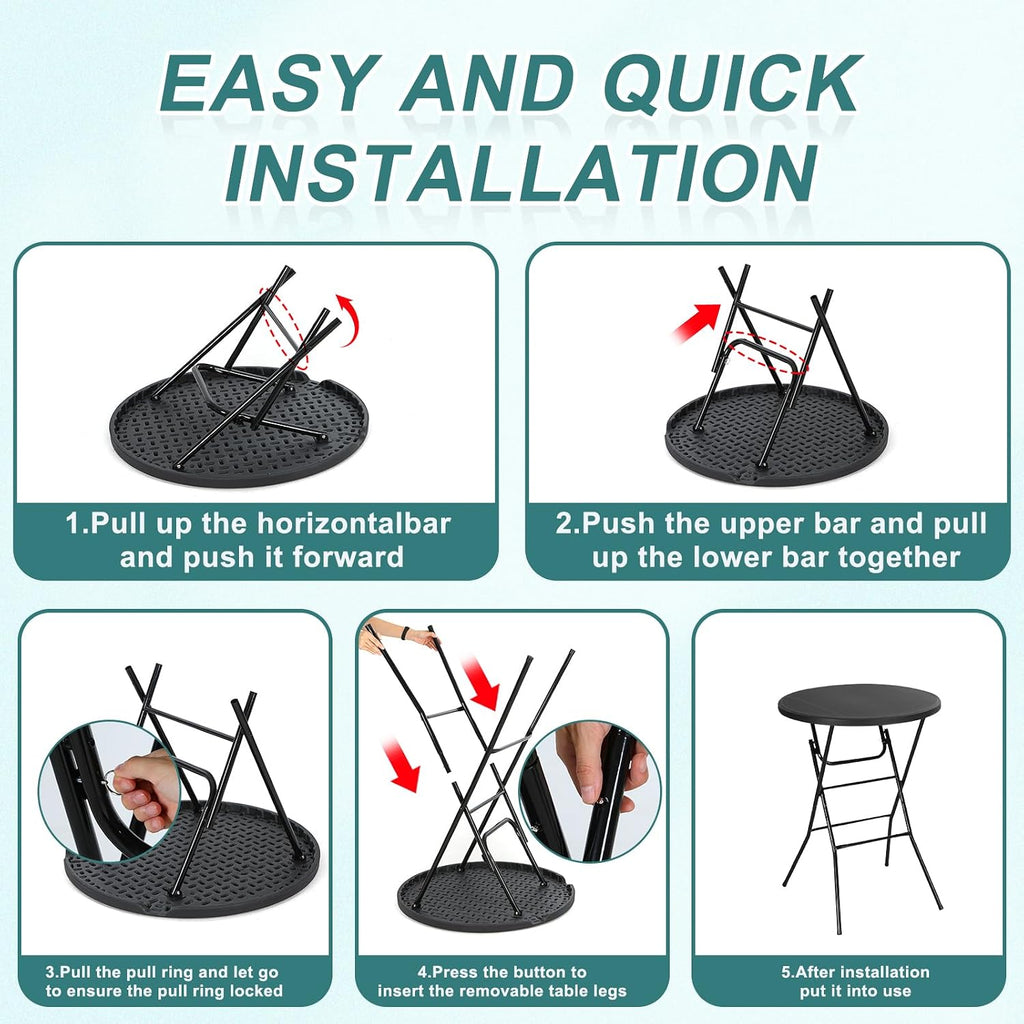 Nice C Plastic High Top Cocktail Table, 31.5" Foldable Bar Table (2P Black) | Portable Round Table, Counter Height Table, Bistro Table, Waterproof, Indoor, Outdoor, Parties, Weddings, Camping, Backyard