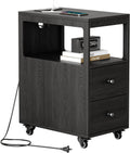 Narrow End Table with Charging Station and Wheels, Movable Narrow Sofa Side Table with USB Ports and Outlets for Small Space, Living Room, Bedroom and Office, Bedside with 4 Wheels (Black)
