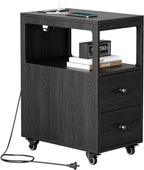 Narrow End Table with Charging Station and Wheels, Movable Narrow Sofa Side Table with USB Ports and Outlets for Small Space, Living Room, Bedroom and Office, Bedside with 4 Wheels (Black)
