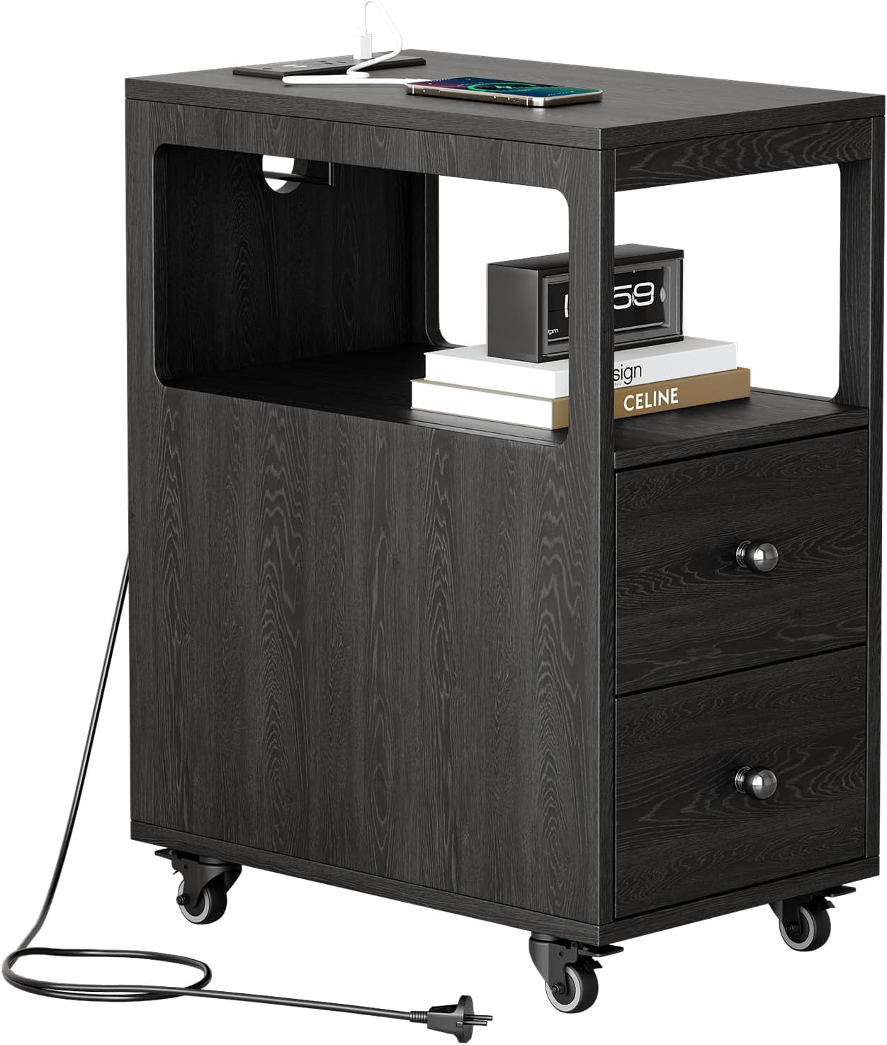 Narrow End Table with Charging Station and Wheels, Movable Narrow Sofa Side Table with USB Ports and Outlets for Small Space, Living Room, Bedroom and Office, Bedside with 4 Wheels (Black)