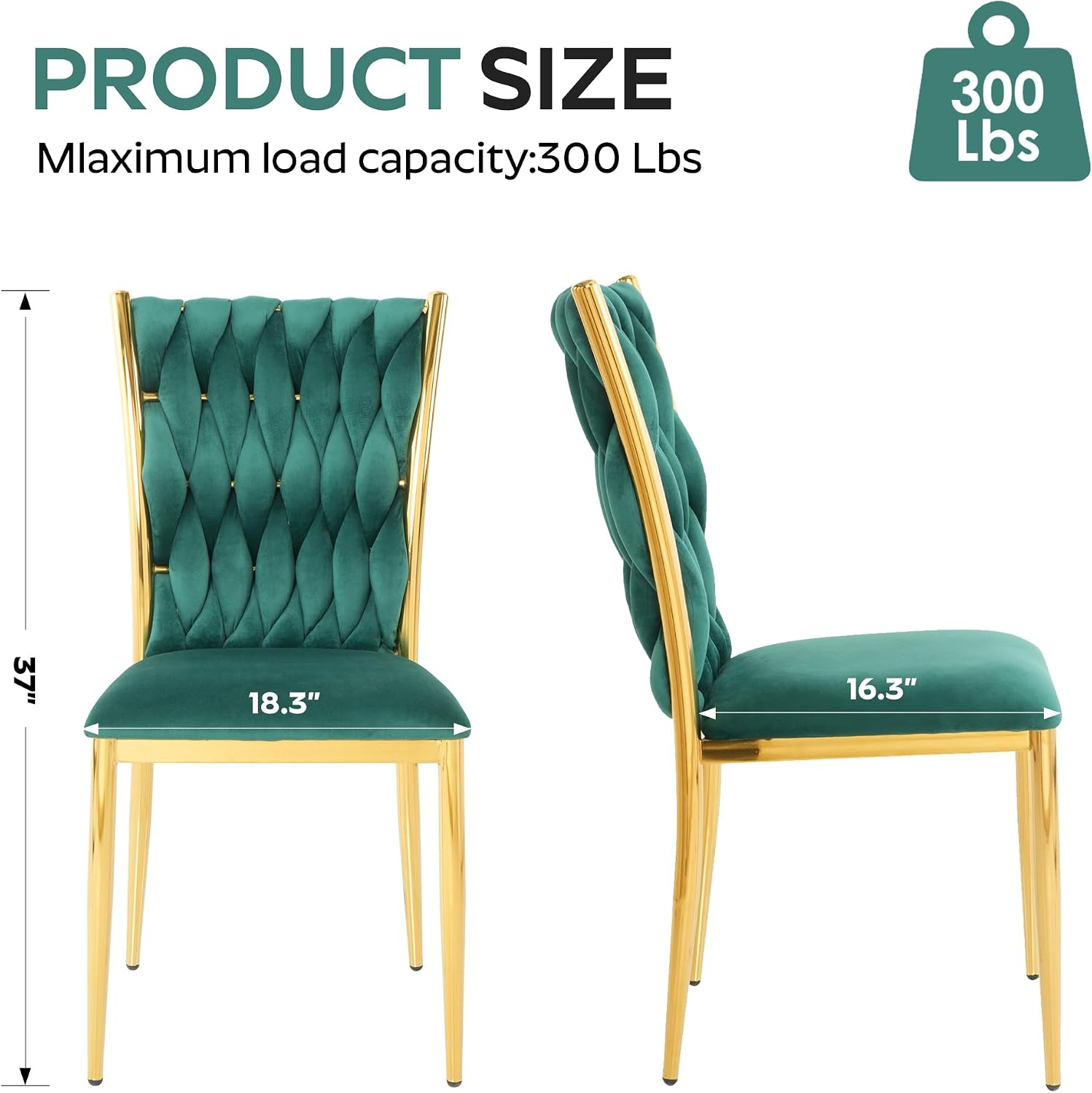 Velvet Dining Chairs Set of 6, Woven Upholstered Dining Chairs with Gold Metal Legs, Modern Accent Chairs for Living Room, Dining Room, Kitchen(Green)