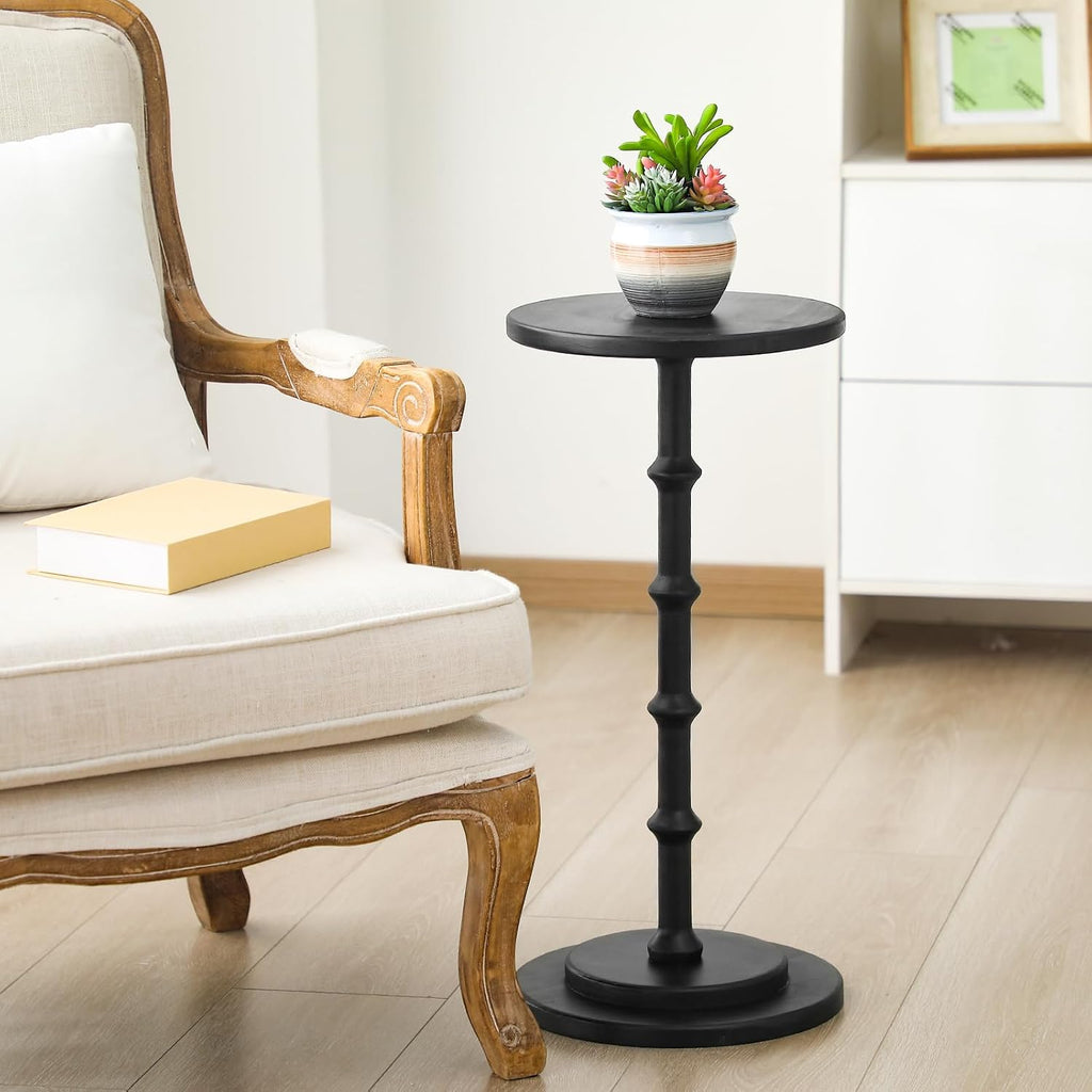Marsui Black Pedestal Cocktail Side Table Solid Wood Martini Side Table for Couch Small Place Living Room Bedside Area