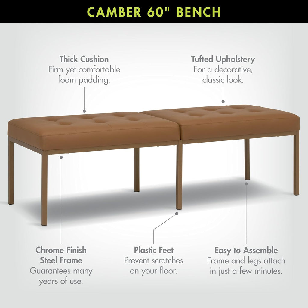 Studio Designs Home Camber Modern Dining Room 60" with Chrome Legs and Tufted Faux Leather, Entryway or Livingroom Accent Bench, Bronze/Caramel