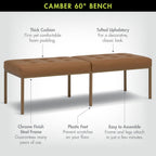 Studio Designs Home Camber Modern Dining Room 60" with Chrome Legs and Tufted Faux Leather, Entryway or Livingroom Accent Bench, Bronze/Caramel