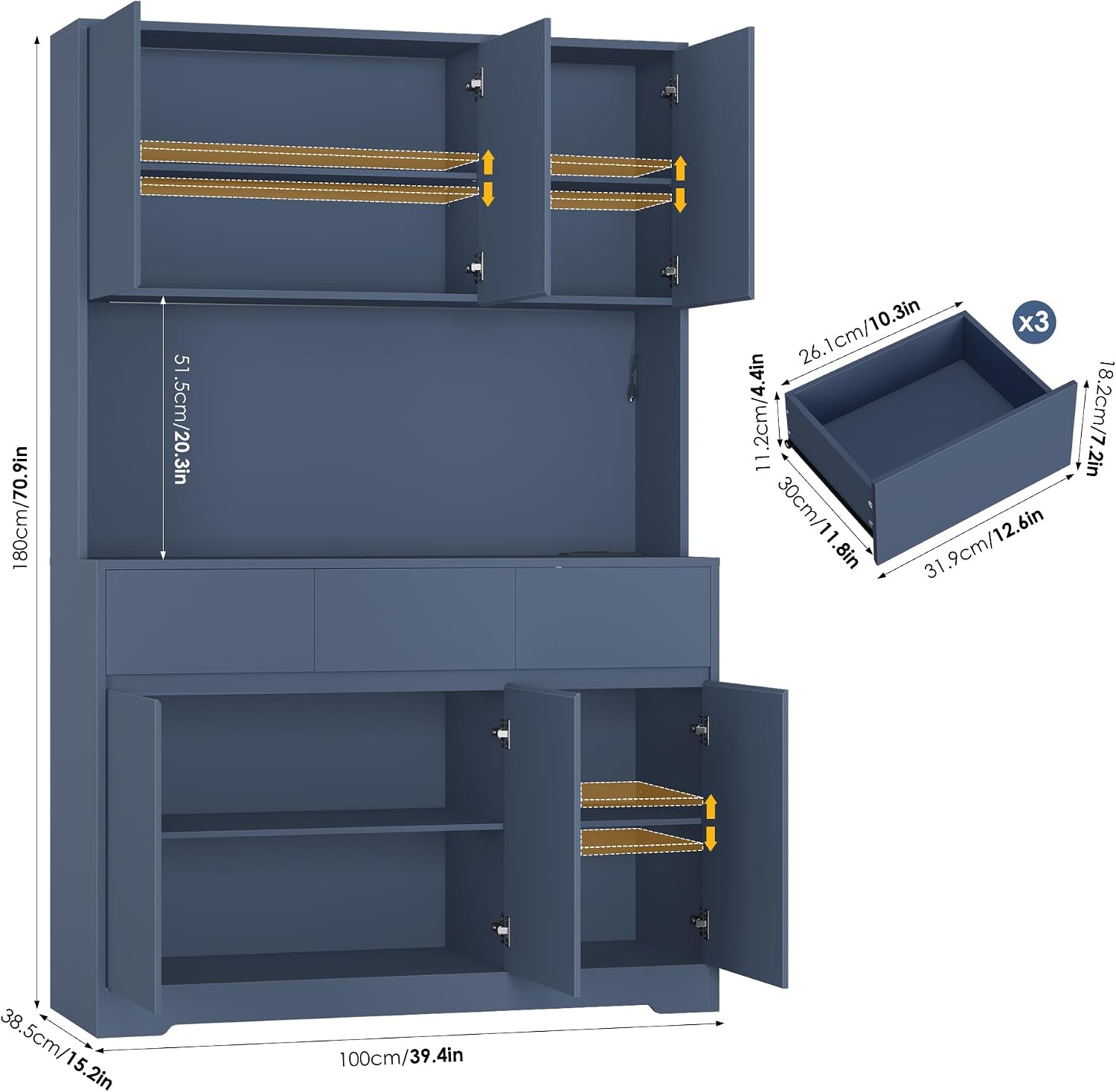 FINETONES 71" Pantry Cabinet with Power Outlets and Led Lights | Large Kitchen Hutch Storage with Microwave Stand, Tall Pantry Kitchen Cabinet with Cupboard, Blue