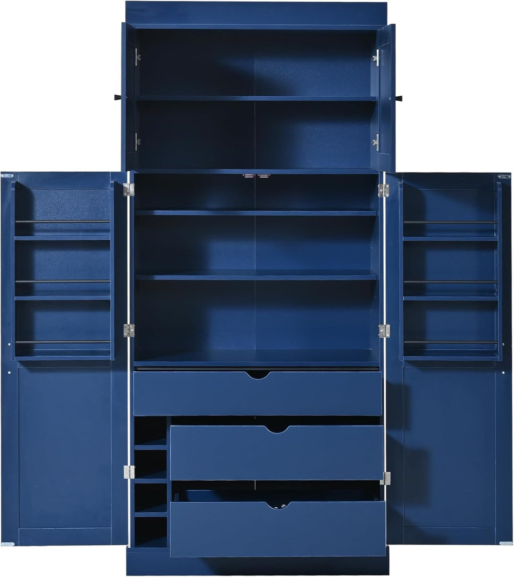 Merax 77''Tall Freestanding Kitchen Pantry,Farmhouse Tall Storage Cabinet with 2 Standard Plugs and 2 USB Ports,Wood Food Pantry with Adjustable Shelves,Door Shelves, Drawers and Wine Racks,Blue